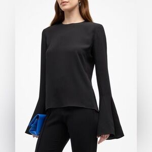 FRAME Flared Bell Sleeve Crepe Blouse Black Crewneck Minimalist XS NWOT